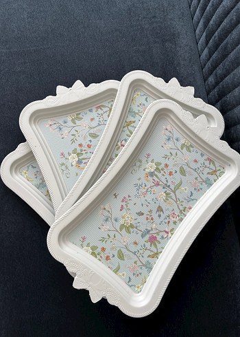 4'lü Beyaz Çiçek Desenli Sunum Tepsisi - Görsel 2