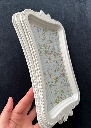 4'lü Beyaz Çiçek Desenli Sunum Tepsisi - Görsel 3