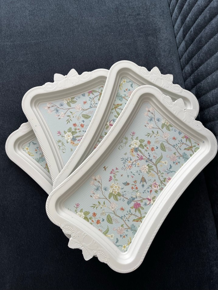 4'lü Beyaz Çiçek Desenli Sunum Tepsisi - Görsel 2