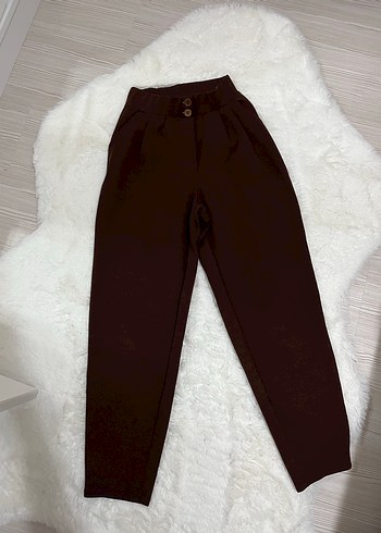 Düğmeli Kahverengi Regular Fit Kadın Pantolon - Görsel 3