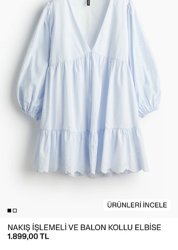 Nakış İşlemeli Balon Kollu Mavi H&M elbise