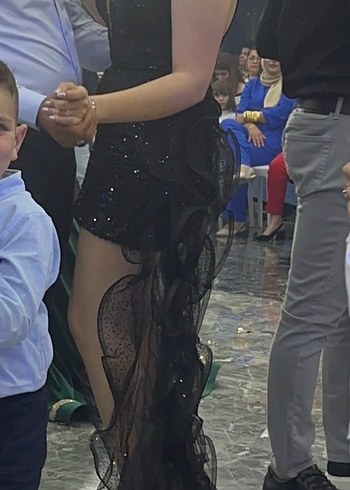 Uzun Siyah Straplez Fırfırlı Gotik Abiye Elbise - Görsel 5