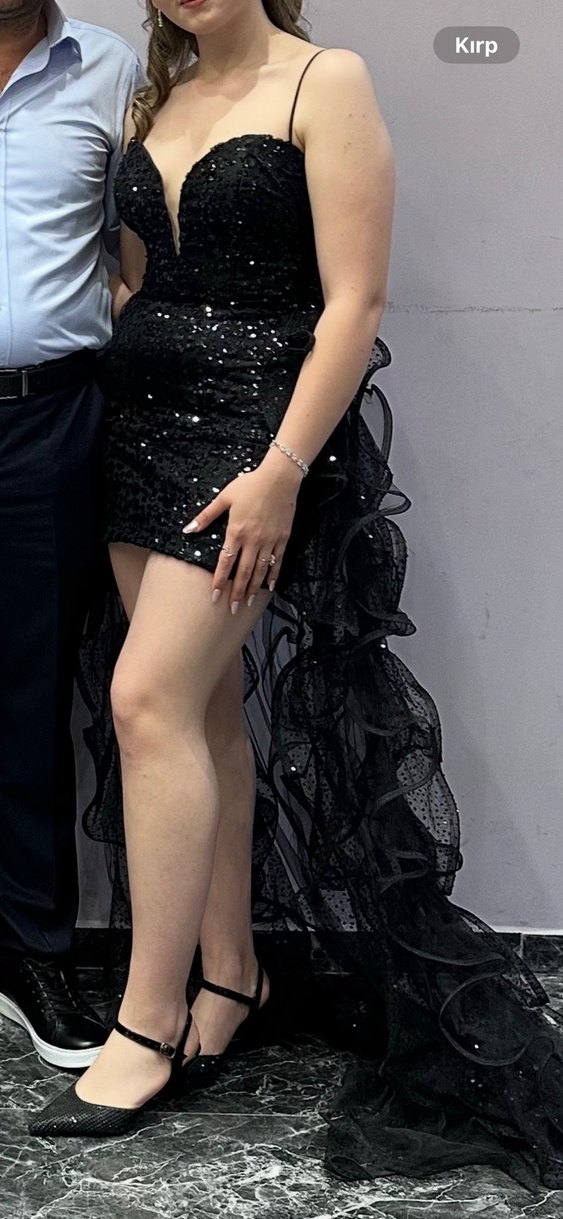 Uzun Siyah Straplez Fırfırlı Gotik Abiye Elbise - Görsel 2