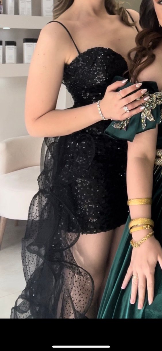 Uzun Siyah Straplez Fırfırlı Gotik Abiye Elbise - Görsel 4