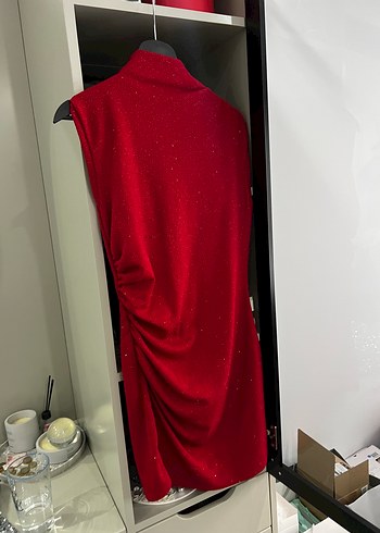 Kırmızı Drapeli Midi Kadın Abiye Elbise - Görsel 5
