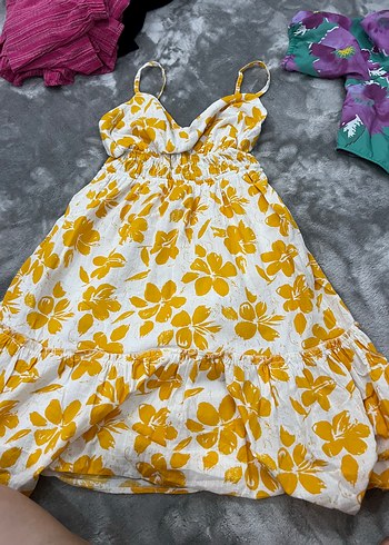 36 Beden Sarı Çiçekli Bohem Kadın Elbisesi