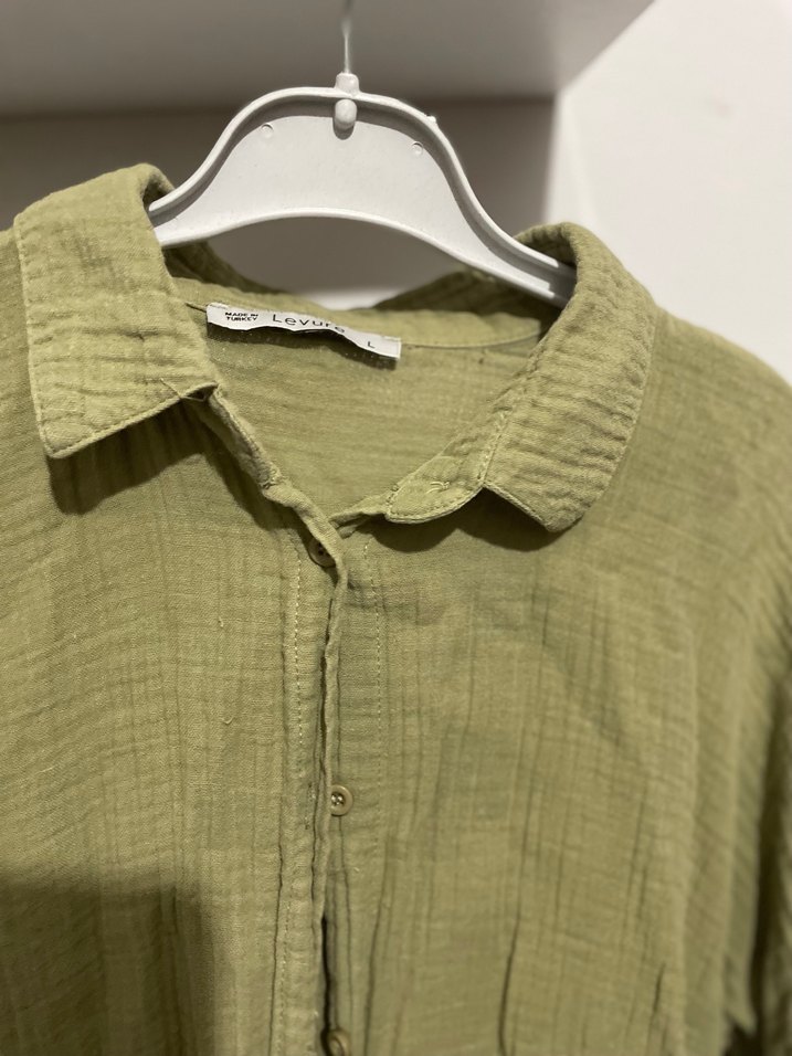 Kadın Haki Keten Bohem Düğmeli Gömlek - Görsel 2