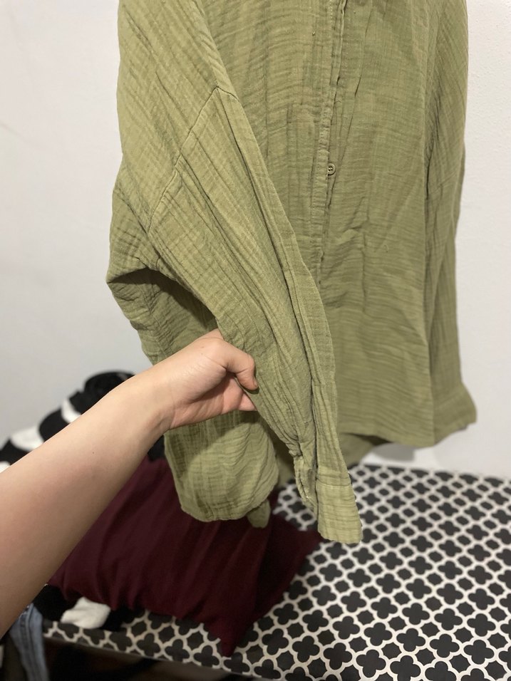 Kadın Haki Keten Bohem Düğmeli Gömlek - Görsel 3