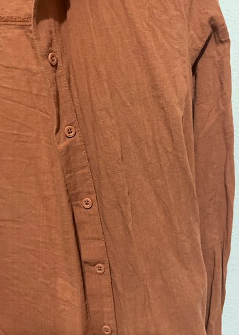 Kahverengi Uzun Kollu Keten Kadın Gömlek - Görsel 2