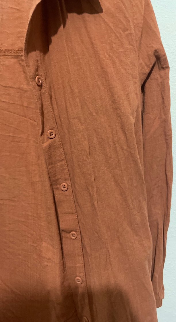 Kahverengi Uzun Kollu Keten Kadın Gömlek - Görsel 2