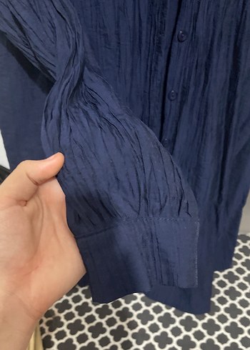 Lacivert Uzun Kollu Keten Kadın Gömlek - Görsel 3
