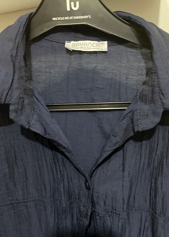 Lacivert Uzun Kollu Keten Kadın Gömlek - Görsel 2