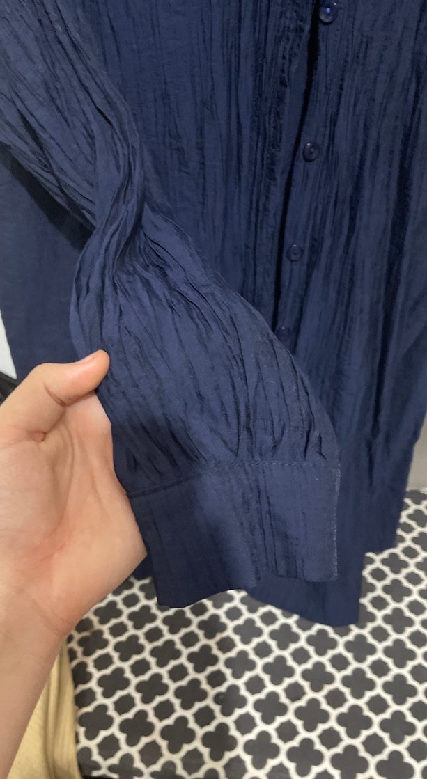 Lacivert Uzun Kollu Keten Kadın Gömlek - Görsel 3