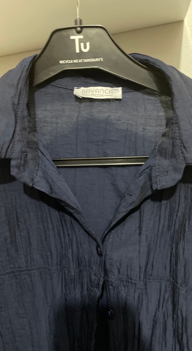 Lacivert Uzun Kollu Keten Kadın Gömlek - Görsel 2