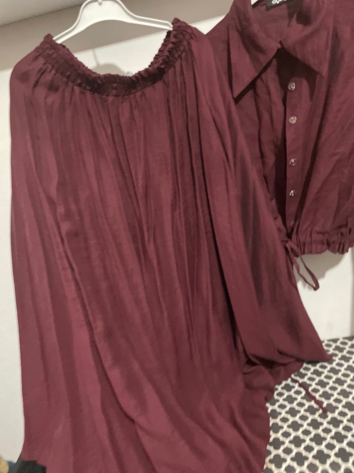 Bordo Keten Bohem Mini Bluz etek takımı - Görsel 2