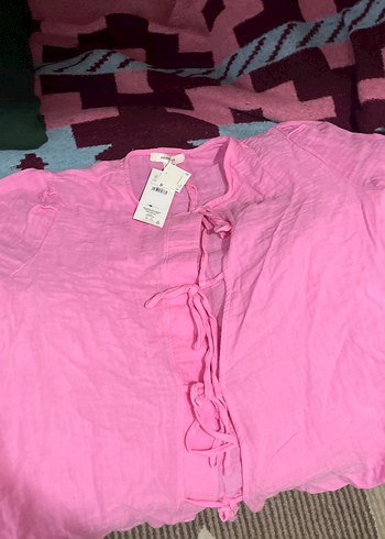 Pembe Keten V Yaka Düğmeli Kadın Gömlek - Görsel 2