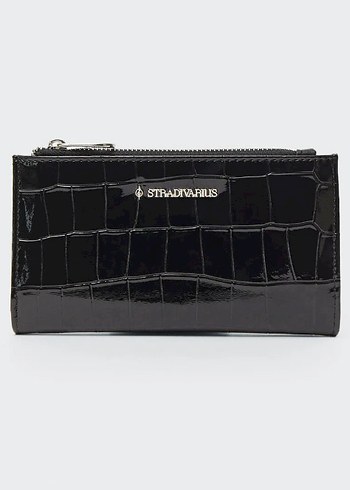 Stradivarius Stradivarius Siyah Deri Yılan Desenli Fermuarlı Cüzdan