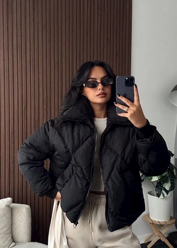 Siyah Oversize Kadın Şişme Mont
