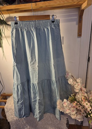 Uzun Volanlı Denim Etek