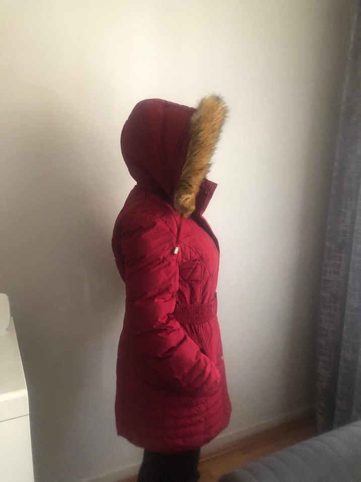 Bordo Kadın Midi Kemerli Kışlık Mont - Görsel 5