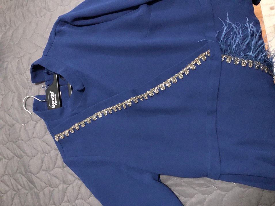 Uzun Kollu Lacivert Drapeli Kadın Elbise - Görsel 3