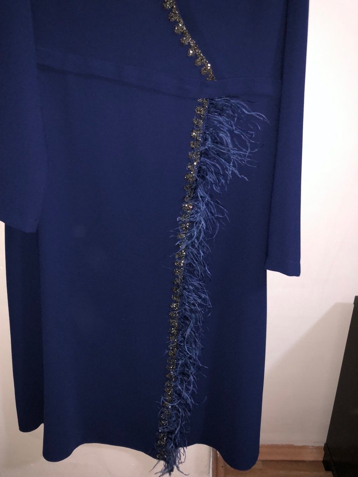 Uzun Kollu Lacivert Drapeli Kadın Elbise - Görsel 2