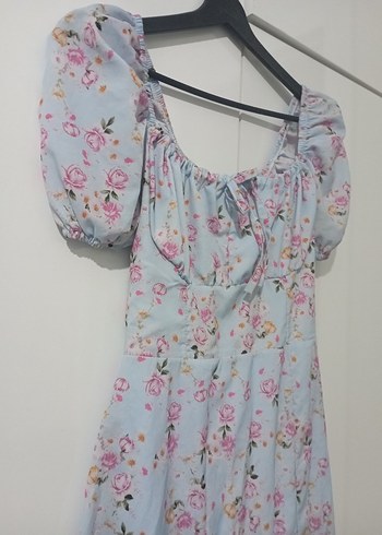 Bohem Esintili Mavi Midi Elbise pembe çiçekli - Görsel 2