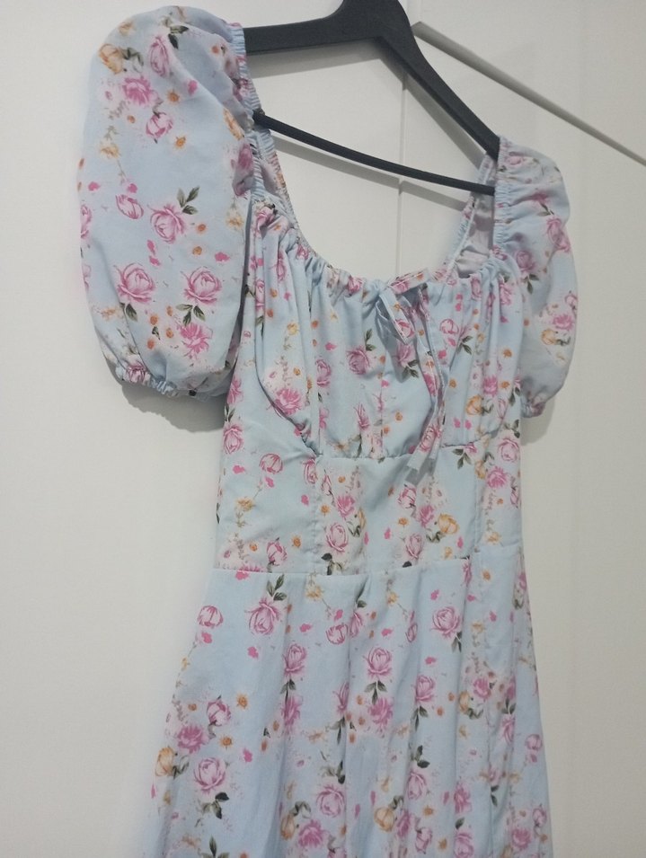 Bohem Esintili Mavi Midi Elbise pembe çiçekli - Görsel 2