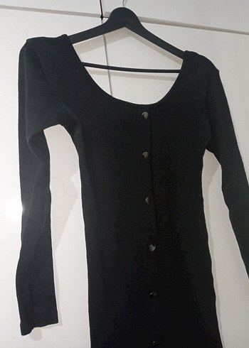 Düğmeli Siyah Triko Midi Elbise - Görsel 2