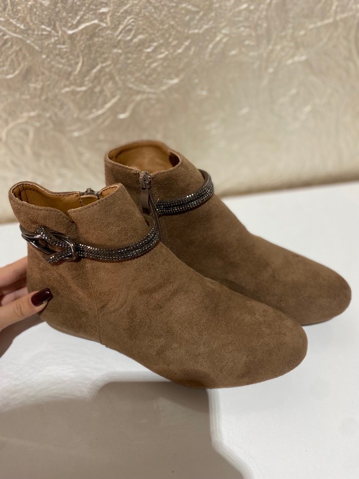 Kahverengi Süet Kadın Bot, Tokalı, Dolgu Topuk - Görsel 2