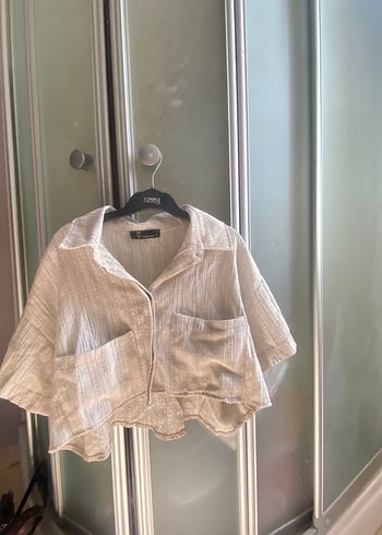 Düğmeli Kısa Bej Keten Gömlek - Görsel 2