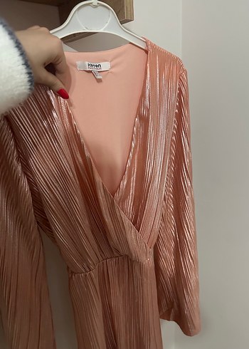 Pembe Piliseli V Yaka Uzun Abiye Elbise - Görsel 3