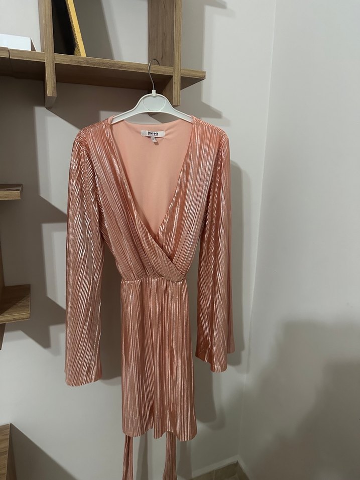 Pembe Piliseli V Yaka Uzun Abiye Elbise - Görsel 2