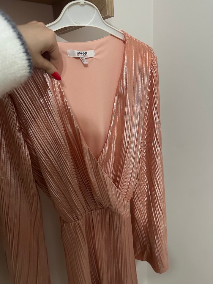 Pembe Piliseli V Yaka Uzun Abiye Elbise - Görsel 3