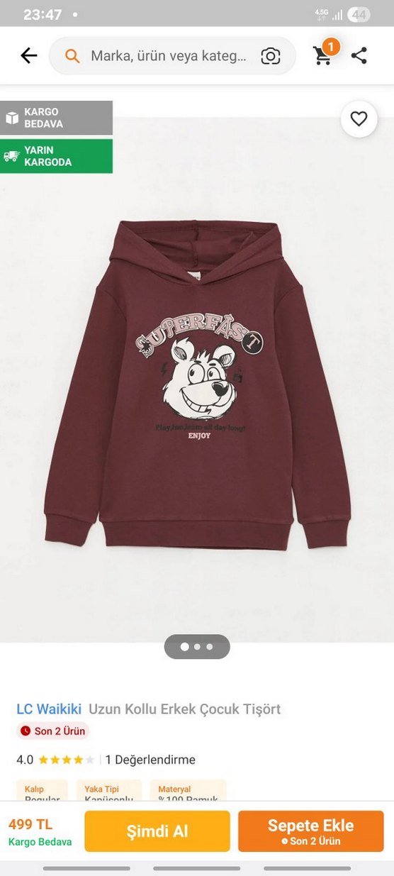 Bordo Kapüşonlu Sweatshirt 11 12 yaş lcw - Görsel 2