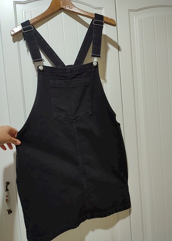 Kadın Siyah Denim kot Askılı Mini Salopet - Görsel 2