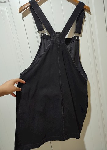 Kadın Siyah Denim kot Askılı Mini Salopet - Görsel 5