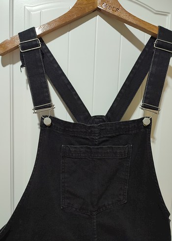 Kadın Siyah Denim kot Askılı Mini Salopet - Görsel 3