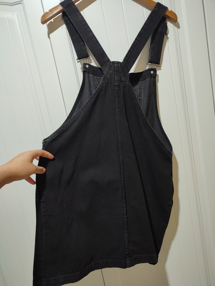 Kadın Siyah Denim kot Askılı Mini Salopet - Görsel 5