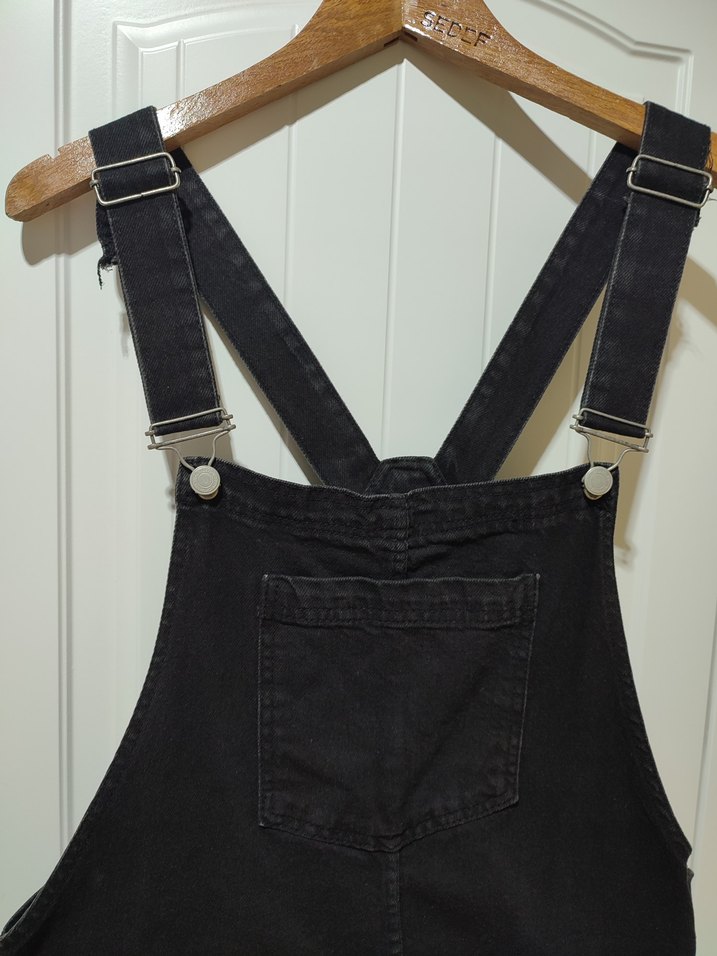 Kadın Siyah Denim kot Askılı Mini Salopet - Görsel 3