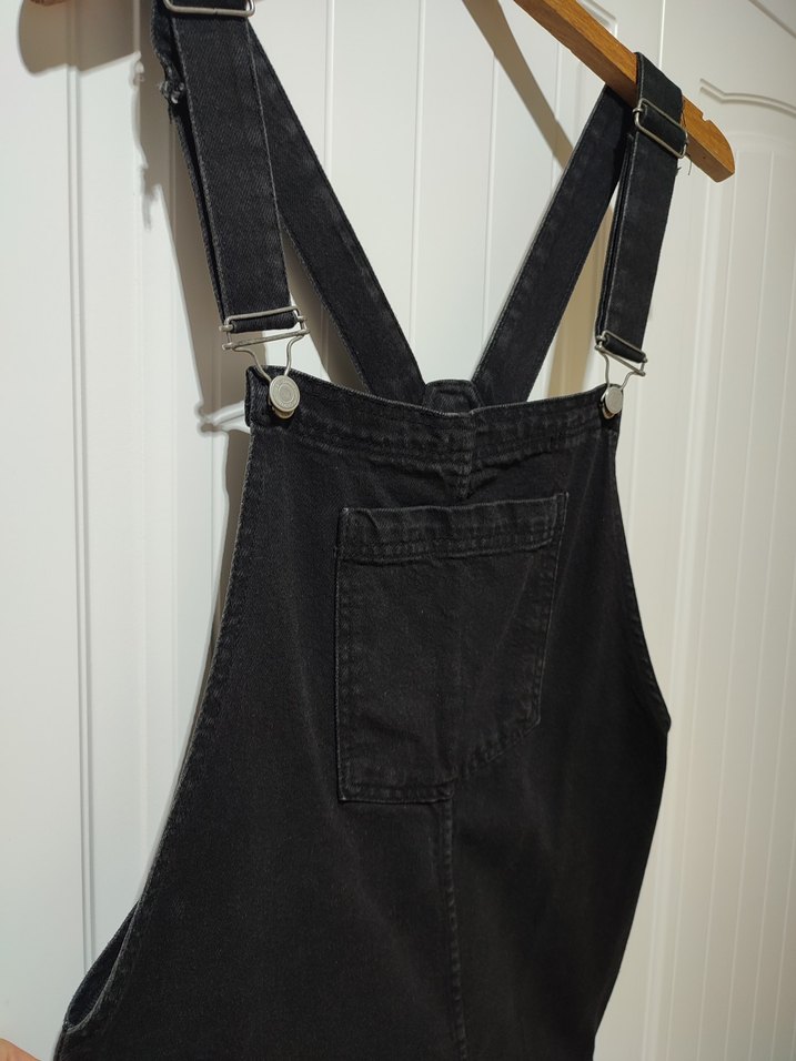 Kadın Siyah Denim kot Askılı Mini Salopet - Görsel 4