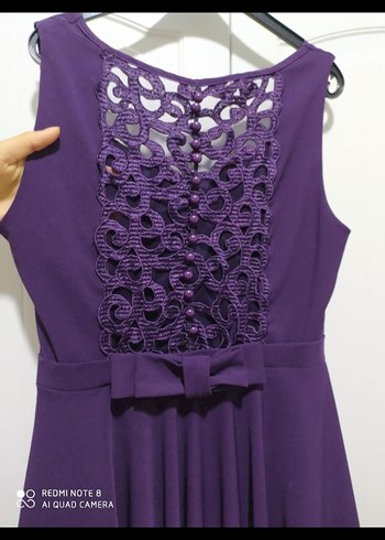 Mor Dantel Detaylı Midi Abiye Elbise - Görsel 5