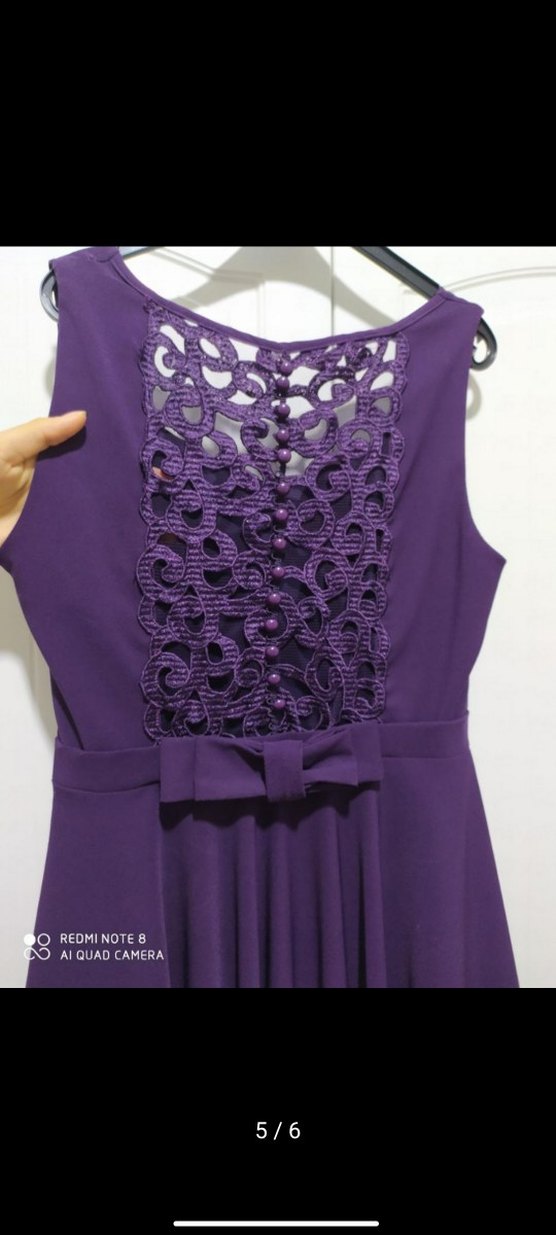 Mor Dantel Detaylı Midi Abiye Elbise - Görsel 5