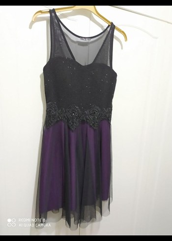 Mor Dantel Detaylı Kısa Gotik Abiye Elbise - Görsel 2