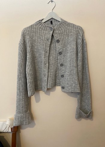 Gri Örgü Kadın Hırka Yüksek Yaka - Görsel 2