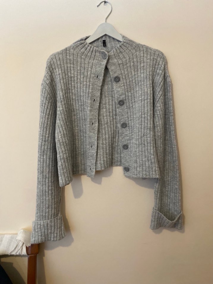 Gri Örgü Kadın Hırka Yüksek Yaka - Görsel 2