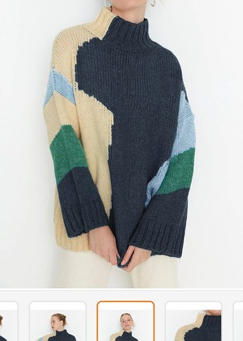 Renkli Örgü Kadın Boğazlı Kazak mavii rengii - Görsel 2