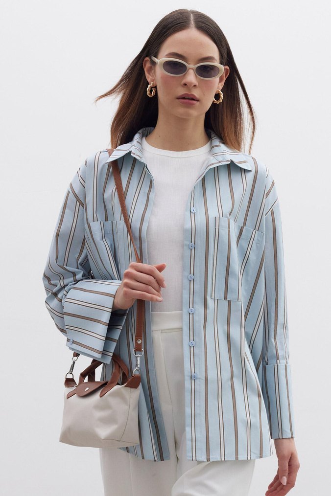 Çizgili V Yaka Uzun Kollu Kadın Gömlek - Görsel 2