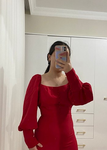 Kırmızı Uzun Kollu Midi Elbise - Görsel 3