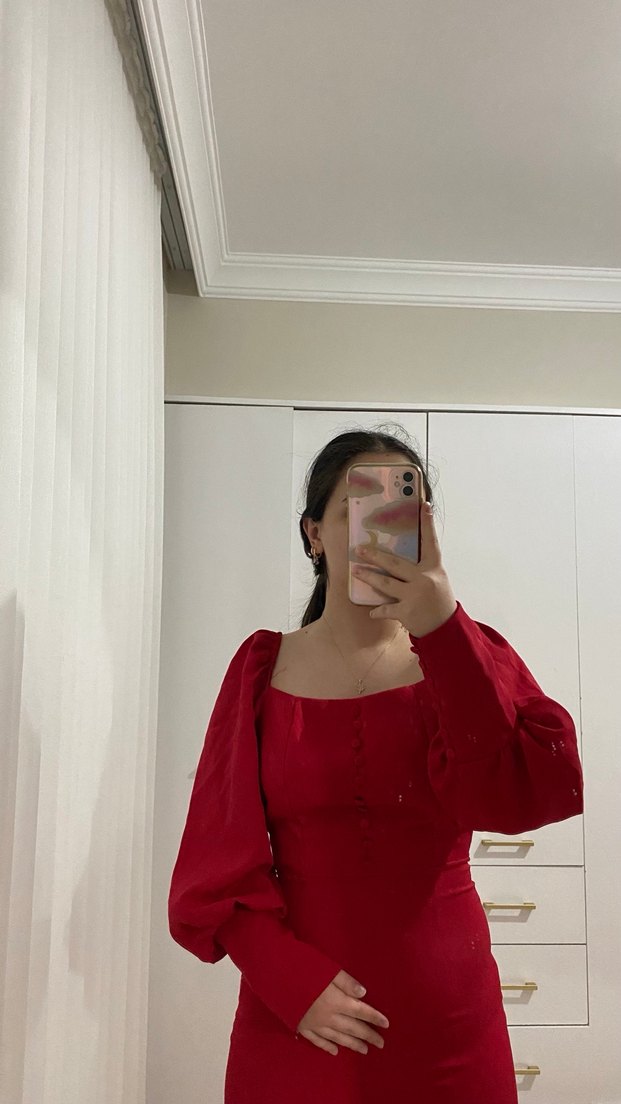 Kırmızı Uzun Kollu Midi Elbise - Görsel 2